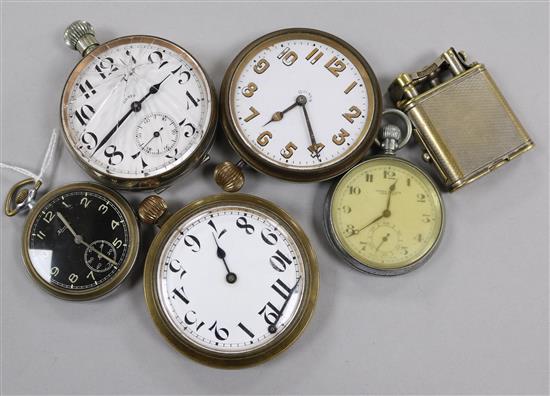 Five assorted pocket watches and a Dunhill lighter.